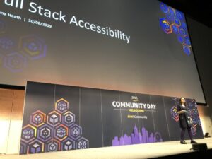 20% of Aussies have a disability of some sort - so @RhianaHeath is talking about full stack accessibility, and how it’s everybody’s job. 👏 #AWSCommunity https://t.co/9NeSdEsEKD