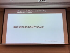 When @mootpointer advises rearchitechting your monolith, he means getting rid of your rockstar, “10x” developers. You need to turn them into team players. #yowperth https://t.co/HyTb2lb2e1