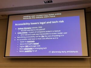 Most folks are familiar with the legal risk around not being accessible. Sydney Olympics, Coles are local examples that ended in lawsuits. Retrofitting is 10x expensive, so build #a11y in from the get-go! #yowperth @LareneLg https://t.co/ZY4Ddo5Pxq