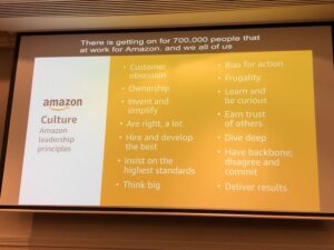 I remember being surprised to learn about Amazon’s 14 Leadership Principles. That’s a lot. But I can confirm - these get used and invoked every single day. @adrianco #YowPerth https://t.co/3J2R5uNVx2