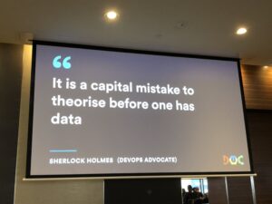 Next speaker is Carmel Hinks from @Atlassian, talking about an iterative approach to metrics and dashboards. Love that she started preso with an overview of a particular problem space for context! #dotc19 #dotc (Also, “Sherlock Holmes (DevOps Advocate” 👏😂) https://t.co/SXftUNVfXV