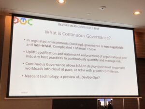 Next up is my colleague Brandon Grenier from @awscloud and Yuri Belenky from @NAB talking about Continuous Governance. Again, emphasis on expressing things in code, lots of automation. DevGovOps? 🤔 #dotc19 #dotc https://t.co/1vNXMYtyaN