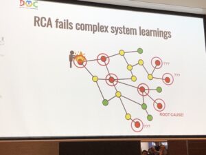 “We are not building cars at @seekjobs,” @Hatchman76 says. Root Cause Analysis doesn’t work well on complex systems, because you’ll overlook possibly quite a lot of the contributing factors. #dotc19 #dotc https://t.co/ebDZNWaqF1