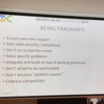 Almost at the end! Egos Cole from @fastlane_it is giving us some very pragmatic tips for regulating DevOps. (He also pointed out how many folks were willing to plug their mobile phones to charge in a strange device!) 😲 #dotc19 #dotc https://t.co/M9Iz8TvwFe