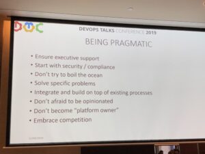 Almost at the end! Egos Cole from @fastlane_it is giving us some very pragmatic tips for regulating DevOps. (He also pointed out how many folks were willing to plug their mobile phones to charge in a strange device!) 😲 #dotc19 #dotc https://t.co/M9Iz8TvwFe