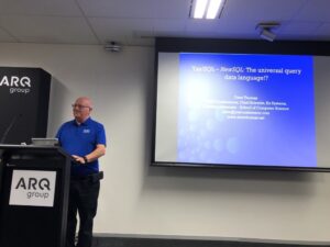 Second talk is @daveathomas from @yow_conf and Kx Systems on NewSQL and “why it’s a dumb idea”. 😂 #yownight https://t.co/XRFbqwbYZh