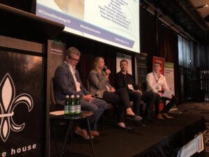 First session is a panel featuring leaders from @Cohesity, @findercomau, @Channel9, and @BPAY_AU. Different companies are at different places on maturity curve and have challenges like software licensing, regulatory concerns, skills shortage. #cloudstrategy19 https://t.co/65XoyQssDq