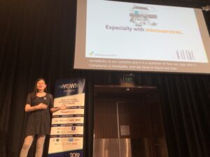 Continuing the theme of complexity, next up is @lizthegrey who is going to give us tips about managing it. @honeycombio #yow19 https://t.co/VMiFHWtF3x