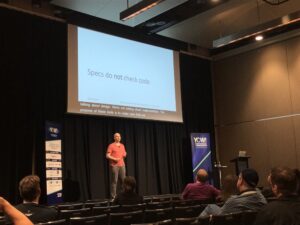 Back at #yow19, learning about TLA+ from @hillelogram. TLA+ specs do not check code - they’re like a blueprint for software that checks your design. https://t.co/TN6gebGDAP