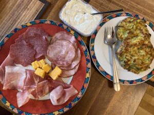 Lunchtime virtual class on Albanian cooking with Deshira, a wonderful chef from @migratefuluk! Vegetarian courgette fritters... which I paired with a plate of German cold cuts. 😍😂 https://t.co/6vWKzv9tpd