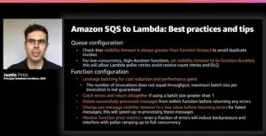 Some really helpful SQS to Lambda best practices from @justinpirtle, particularly around setting visibility and function timeout, and handling errors within batches of messages. #reinvent https://t.co/6lHTJEB4wZ