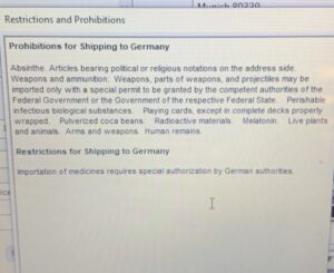 Weird. My Mom is sending us some gifts from the US and took a photo of the restrictions on shipping to Germany. Individual playing cards... are forbidden? 😳 Why in the world would that be?! https://t.co/0CXW467mfM