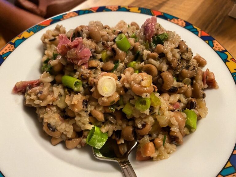 Hoppin’ John, a New Year’s tradition! Black-eyed peas, rice, ham hock, back bacon, onions, celery, jalapeño...