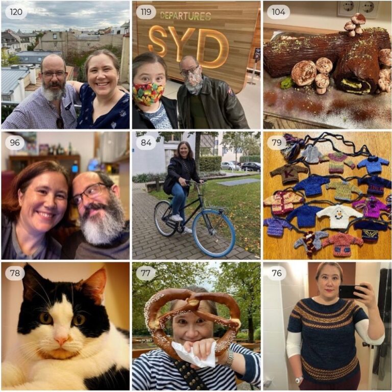 Top 9 of 2020: arriving in Munich 🇩🇪; departing Sydney 🇦🇺; bûche de Noël 🪵 (from only a few days ago!); 16th wedding anniversary ❤️; getting a bike 🚴‍♀️; bon voyage jumper bunting from the Sydney knitters 🧶; our dear departed Amy Cat 😿; a pretzel the size of my head 🥨; and completed Virgil sweater 🧶. Pretty much the highlight reel of this very weird year... #topnine