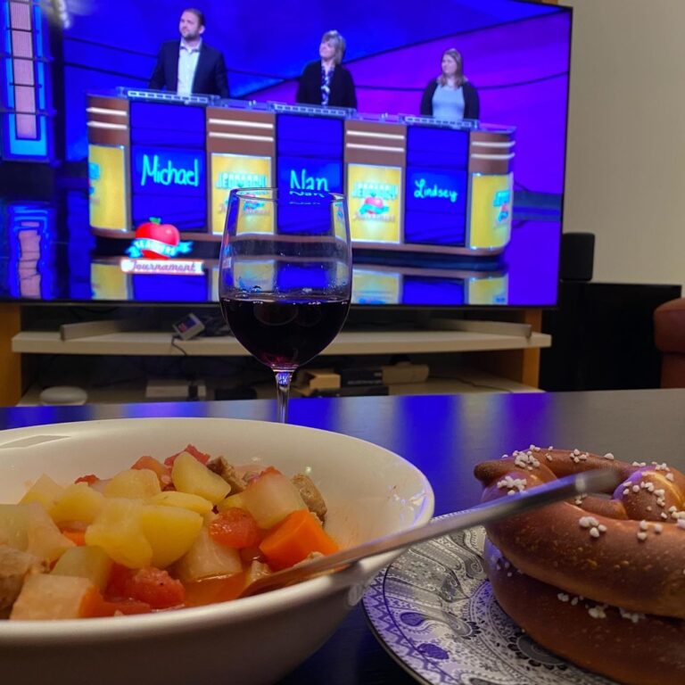 It’s freezing cold with a 100% chance of snow, so we’re cuddled up with soup, pretzels, wine, and Jeopardy. ❤️❄️