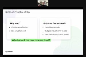 The advent of the Cloud and virtualisation has enabled the rise of dev and the concept of "shifting left," says @yishaibeeri from @LinearB_Inc, ultimately leading to code eating the world... @blndevops https://t.co/6HxiGxdr2a