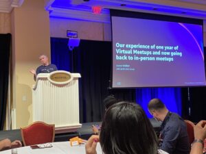 At the AWS User Group leaders workshop learning from folks that run meetups around the world. First up is @aaronwalker from @BerlinAWSUG talking about the challenge of moving back to in-person events. #awsreinvent https://t.co/sbjmiIsGBX