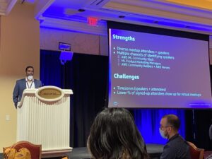 Next up is @paradesi from AWS ML Community NYC talking about strategies for growing a niche meetup globally. Protip: use multiple channels for finding potential speakers! #awsreinvent https://t.co/CE3p0MC6cx