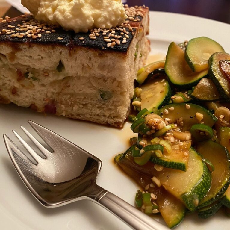 Homemade Korean bing bread (with potatoes, bacon, cheese), sour cream butter, and zucchini side dish. (I let the bread get a little too dark, but it was still tasty!)