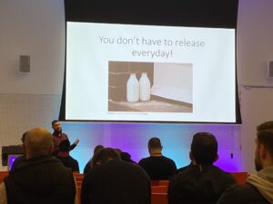 Software isn’t milk, @EmadAshi says. You don’t have to release it every day. Yes, fast feedback cycles are good, but you aren’t failing if you aren’t there yet! Pragmatic advice. #NDCMelbourne https://t.co/24EJBxLHAn