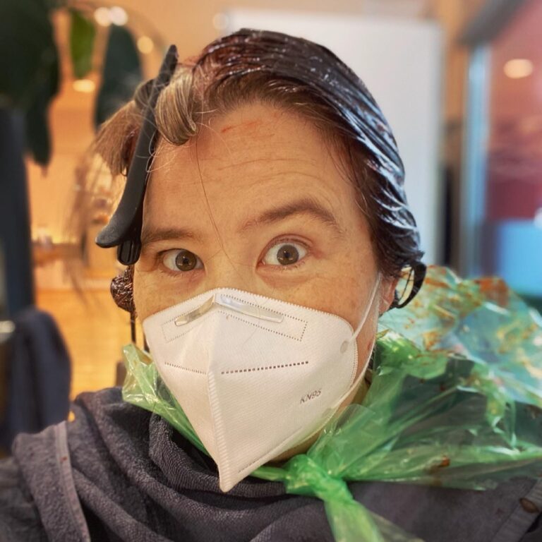 Glamour! (At the hair salon for the first time in six months. I look like I’m cleaning up crime scenes. 😂)