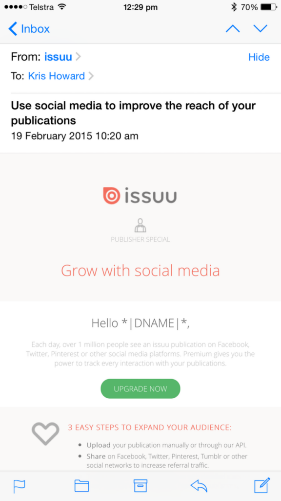 Spam that doesn’t even use your name must be great for sales, eh @issuu? Unsubscribe (again). http://t.co/8Pwg8xHdvj