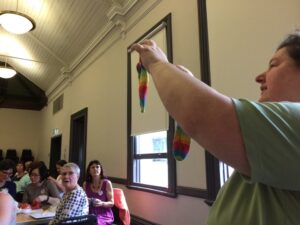 The @KnitGuildNSW Inner City group is dazzled as @knitterjp shows off her latest knitted socks. https://t.co/UkZQ4c0vFU