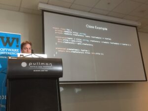 Now onto TypeScript… “which definitely fits on a screen better.” #yow16 @DamonOehlman https://t.co/3CalZHS9Rp