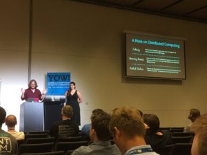 Listening to @cmeik and @caitie’s entertaining tag team talk on history and challenges of distributed computing. #yow16 https://t.co/VlZ384JIJX