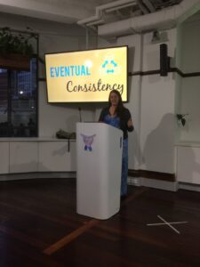 Last speaker is @caitie talking about distributed systems and eventual consistency. #wwcsyd #yow16 https://t.co/RD9NVPilat