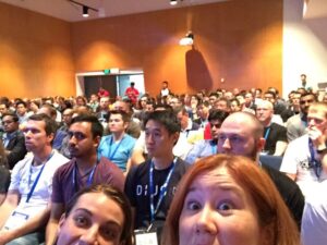 Very full in the Blue room for @IanDCrosby’s talk on Going Cloud Native with Docker! #yow16 (cameo by @notsolonecoder) https://t.co/WJRp0zvX7d