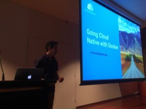 Very full in the Blue room for @IanDCrosby’s talk on Going Cloud Native with Docker! #yow16 (cameo by @notsolonecoder) https://t.co/WJRp0zvX7d