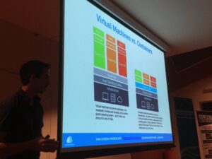 Comparing containers to virtual machines. Containers are smaller, faster to initialise, more flexible. - @IanDCrosby #yow16 https://t.co/ejKdzfSgTB