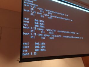 Heh. @erikcorry’s compiler - which he is building live in front of us! - got applause for being faster at regexp than grep. 👏 #yow16 https://t.co/ujVyK819IY