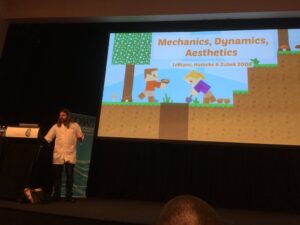 Theme of academic research continues as @desplesda mentions “Mechanics, Dymanics, Aesthetics” theory of how games evoke feelings. #yow16 https://t.co/wn4i4UMAHV