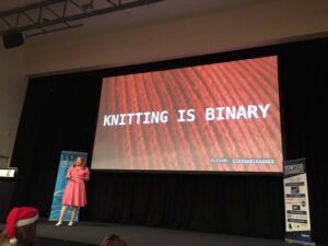 RT @thepaulrayner: Knitting a self-referential QR code mitten! @web_goddess #yow16 https://t.co/UOlRbxJF6P