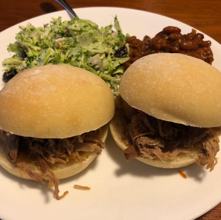 Pulled pork sliders with the Snook’s homemade sourdough rolls, baked beans, and broccoli slaw!