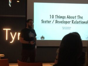 Excited to hear the @FriendlyTester’s talk tonight. (That @ministryoftest shirt is pretty damn cool.) https://t.co/uJVFtkyynS