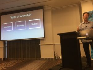 Incremental innovation improves; disruptive changes the business model; but radical innovation changes the MEANING #yowwest https://t.co/m4J7w2ndG3