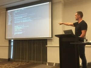 Code is happening! @RhysC narrating his recorded real-time demo of creating a new serverless service. #yowwest https://t.co/8tntDW2fUN