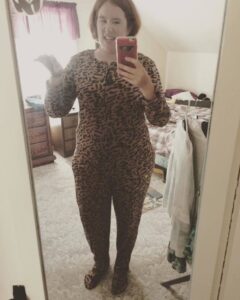 Leopard print footie pajamas? RAWR. Find of the century at my Grandma's garage sale. 😂 https://t.co/DZ2XgxgIaB https://t.co/thpz68D8NS