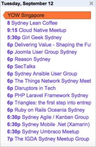 Looking at upcoming tech meetups, and damn, Sydney is so fragmented. There are fully SEVENTEEN meetups happening on the 12th. 😕 https://t.co/pVUd11PvY0