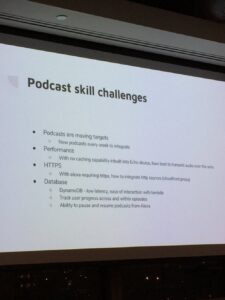 There are some challenges in building podcast skill for Alexa. For one, Alexa requires https so some podcasts must be proxied. #alexasydney https://t.co/rrdEgTOEK2