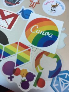 Lunchtime is the perfect time for sticker placement decisions. Loving the rainbows @canva @github @buildkite! ❤️🌈 #dddperth https://t.co/50RAbI8Wz3