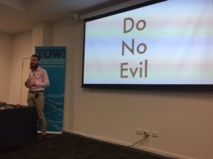 A final admonition from @mootpointer to Do No Evil. Don’t build ML systems that encode biases or could be easily misused. #YOWconnected https://t.co/JumZZK96Tu