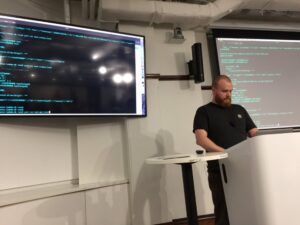 Straight into the coding demo of how to use the serverless framework to build vendor agnostic services. @justrossthings #SydJS @sydjs https://t.co/3L2ja3A7cb