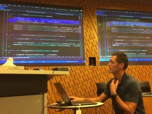 Code is happening! @LeeRyanCampbell is walking us through a simple domain model. Nothing injected; everyone can understand. #yownight https://t.co/kXT0fd6i13