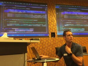 Code is happening! @LeeRyanCampbell is walking us through a simple domain model. Nothing injected; everyone can understand. #yownight https://t.co/kXT0fd6i13