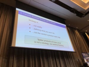 "'We gotta win this race!' That's not a strategy; that's ambition baby!" Strategy is defining what you won't do - not just wishful thinking. #yow17 @ghohpe https://t.co/lJWa4SOXda