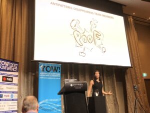 I literally made this face: 😲. Yes, disappearing team members is an anti-pattern, and it takes a serious toll on morale. We need to talk about this stuff. @heidihelfand #yow17 https://t.co/JOWm0zMaP5